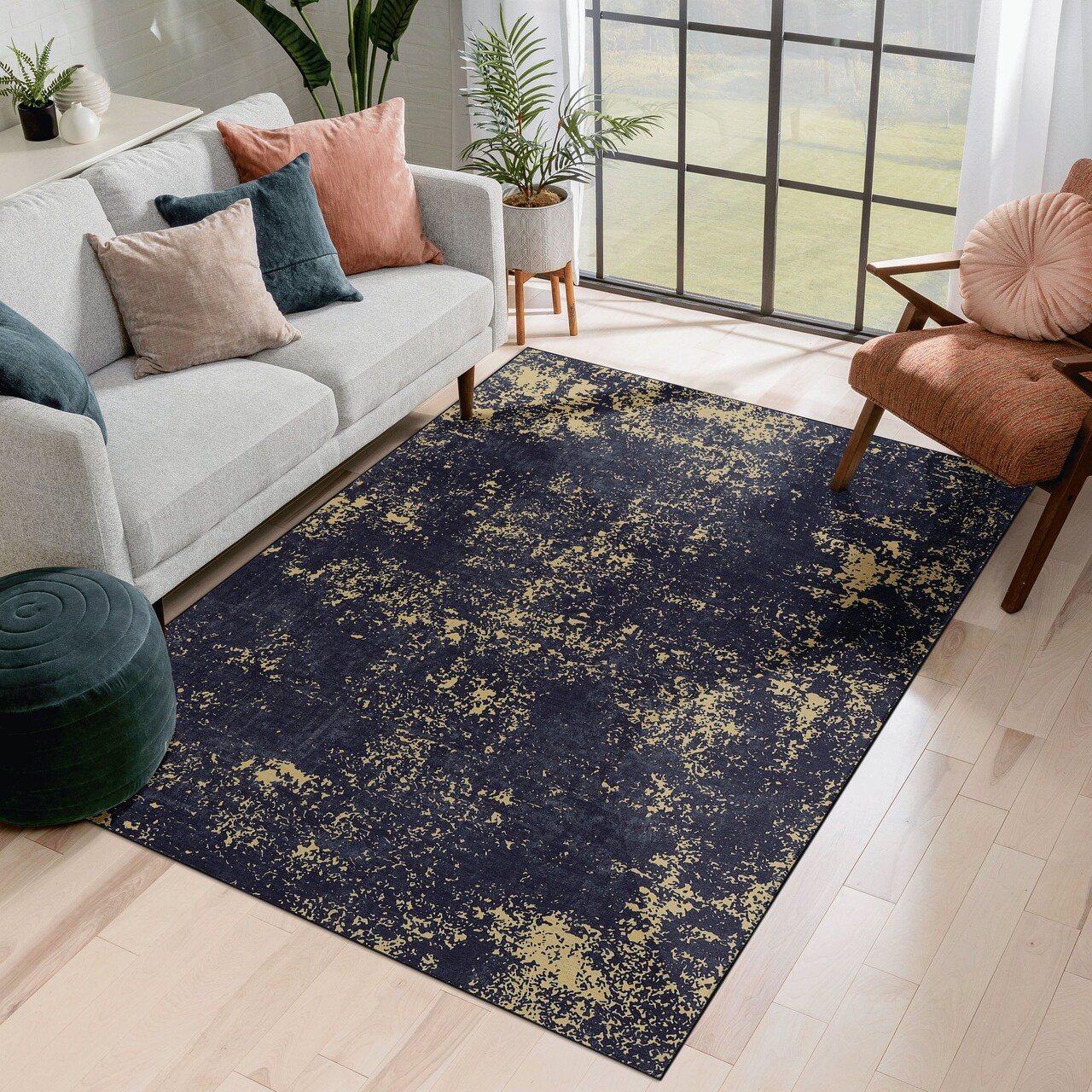 Edge Collections - 3' x 5' - Black & Gold - Washable Area Rug Low-Pile Non-Slip Non-Shedding Foldable Kid and Pet Friendly - 1 Piece